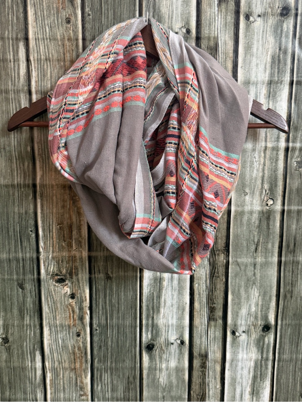 Gray Infinity Scarf with Coral and Teal Stripe Accents